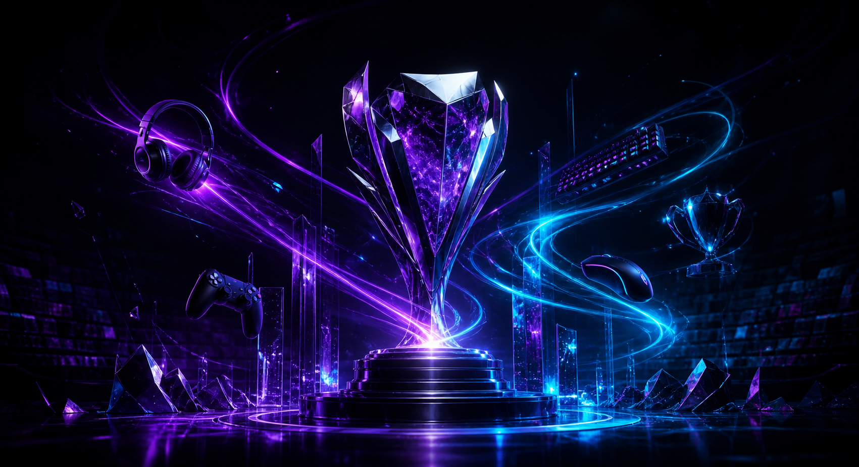 Cinematic violet and cyan gaming rewards network render